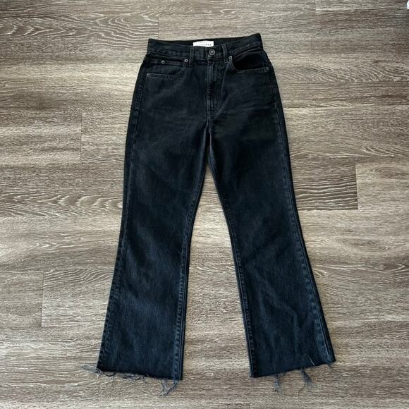 EUC SLVRLAKE Frankie Cropped High Rise Flared Raw Hem Jeans Black Shadow Ridge - Picture 2 of 16